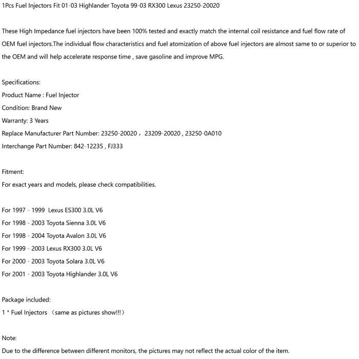 1/6PCS Fuel Injectors 23250-20020 For Toyota Highlander 01-03 Solara 00 - 03 Sienna 98 - 03 Avalon 98 - 04 Lexus RX300 99-03 ES300 97 - 99 - ONESOOP