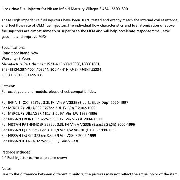 1/6PCS Fuel Injector 16600-9S200 For Nissan Frontier Pathfinder Quest Xterra Infiniti Mercury Villager 3.3L - ONESOOP
