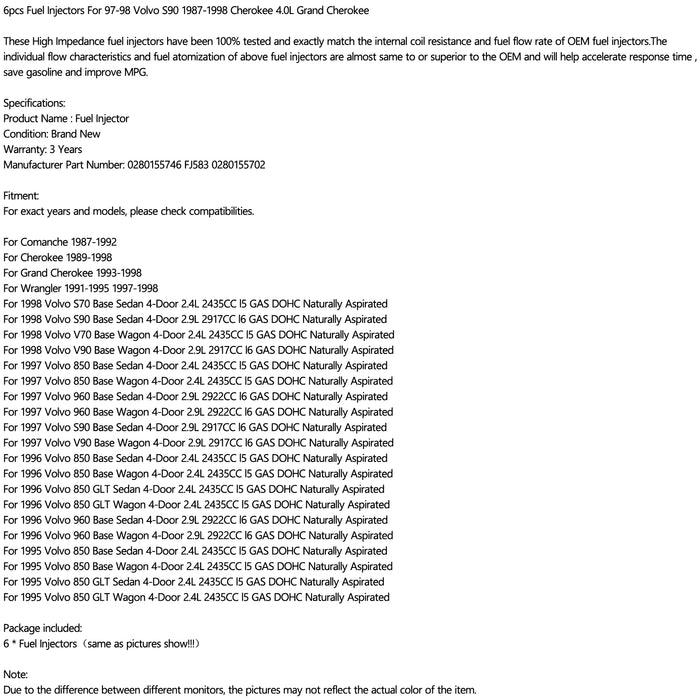 Fuel Injectors 0280155746 For 97-98 Volvo S90 1987-1998 Cherokee 4.0L Grand Cherokee 0280155702 FJ583 - ONESOOP
