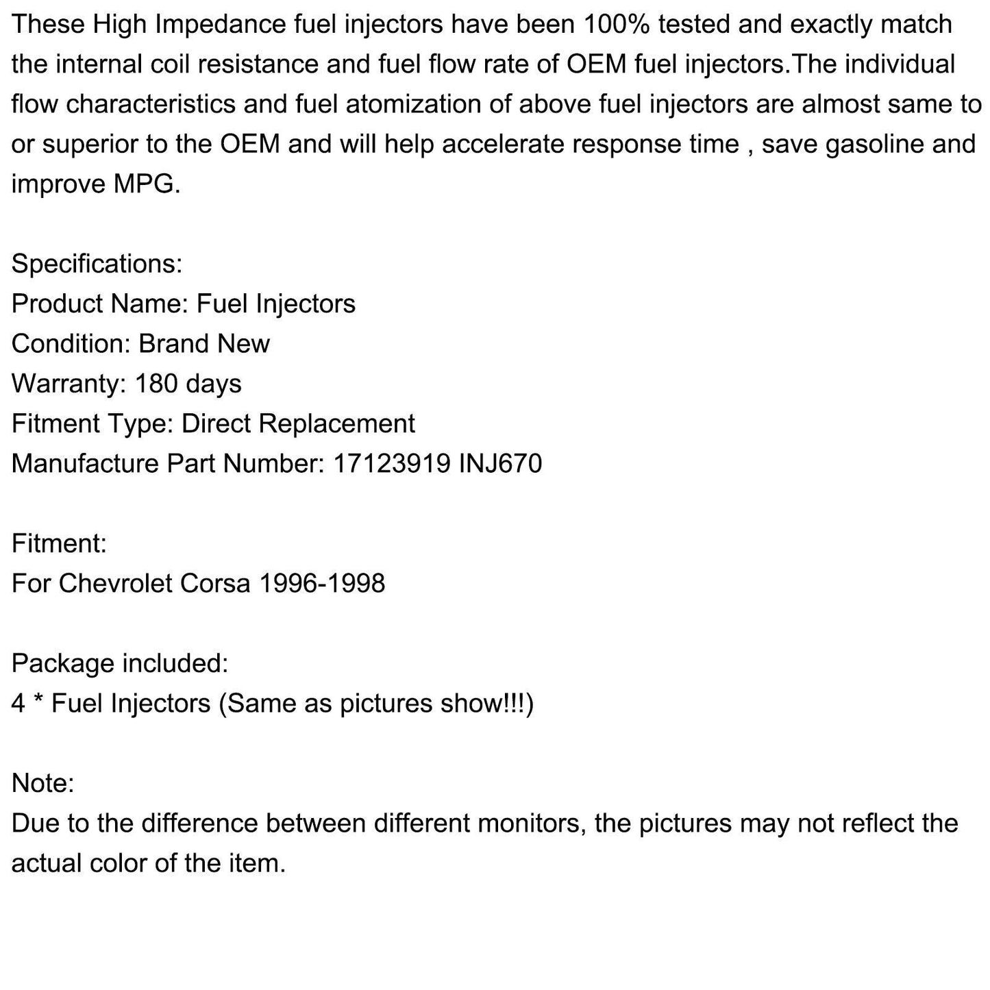 1996-1998 Chevrolet Corsa Fuel Injectors 17123919 INJ670 - ONESOOP