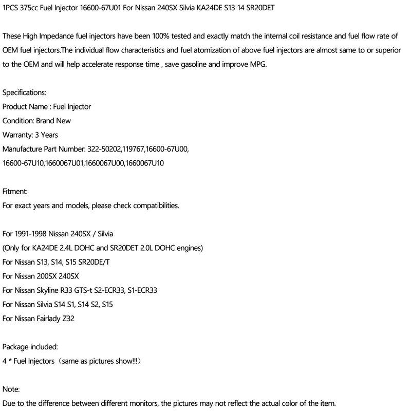 1/4PCS 375cc Fuel Injectors 16600-67U01 For Nissan 240SX Silvia KA24DE S13 14 SR20DET 16600-67U00 16600-67U10 - ONESOOP