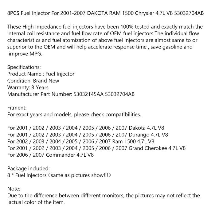 1/8PCS Fuel Injector 53032704AB For 2001-2007 DAKOTA RAM 1500 Chrysler 4.7L V8 53032145AA - ONESOOP