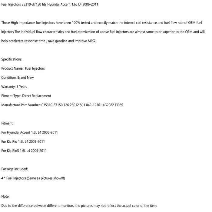 1/4PCS Fuel Injectors 35310-37150 For Hyundai Accent 1.6L L4 2006-2011 Kia Rio/Rio5 1.6L L4 2009-2011 - ONESOOP