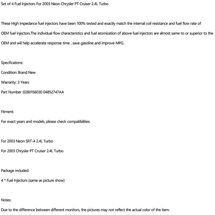 Fuel Injectors 04852747AA For 2003 Dodge Neon SRT-4 Chrysler PT Cruiser 2.4L Turbo 0280156030 - ONESOOP