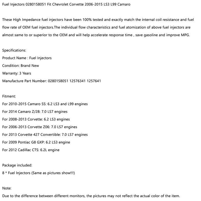 8PCS Fuel Injectors 0280158051 For Chevrolet Corvette 2006-2015 LS3 L99 Camaro - ONESOOP