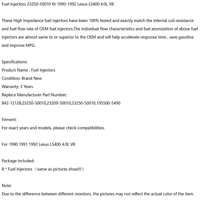1990 1991 1992 Lexus LS400 4.0L V8 Fuel Injectors 23250-50010 - ONESOOP