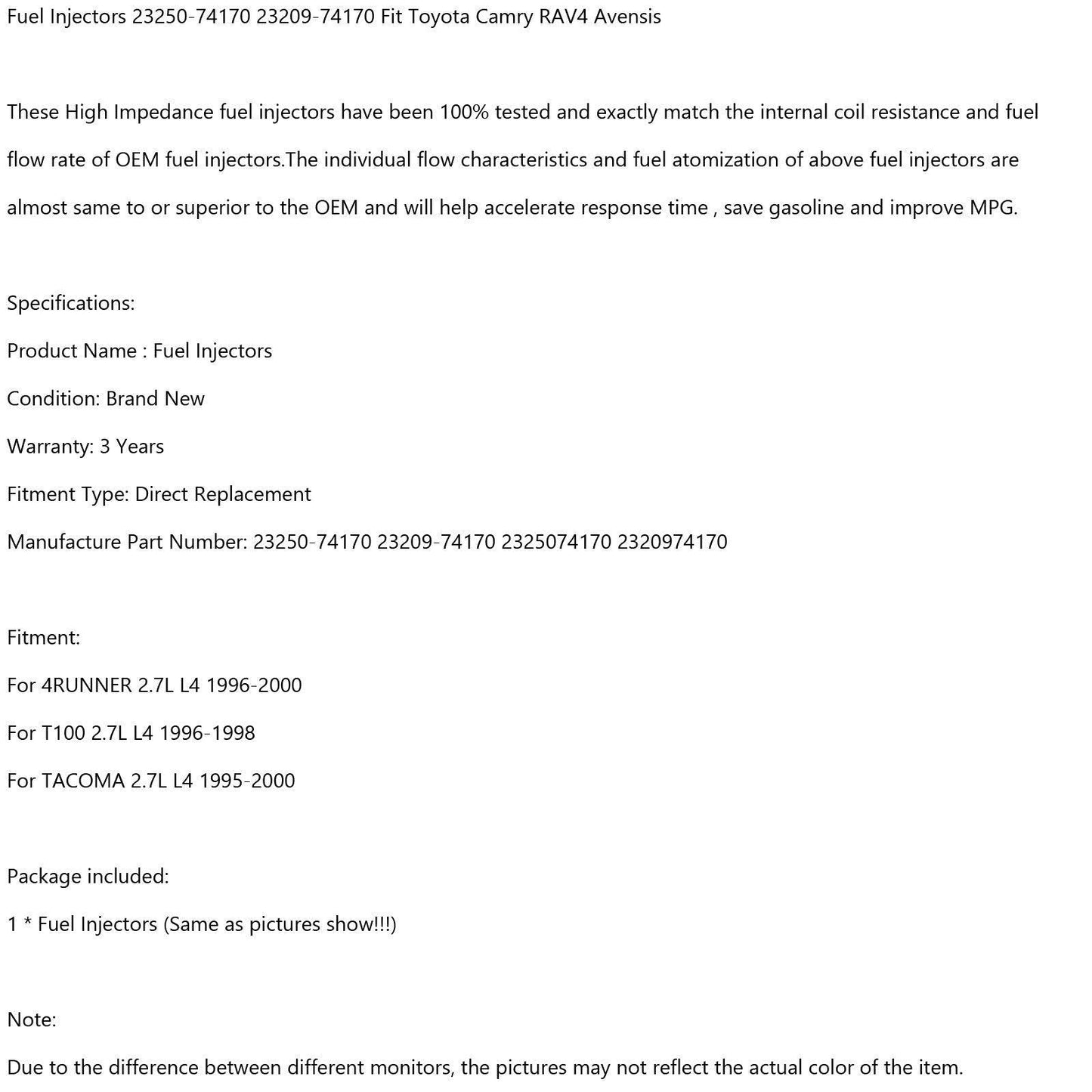 1/4PCS Fuel Injectors 23250-74170 For Toyota 4Runner T100 Tacoma 2.7L L4 1995-2000 23209-74170 - ONESOOP