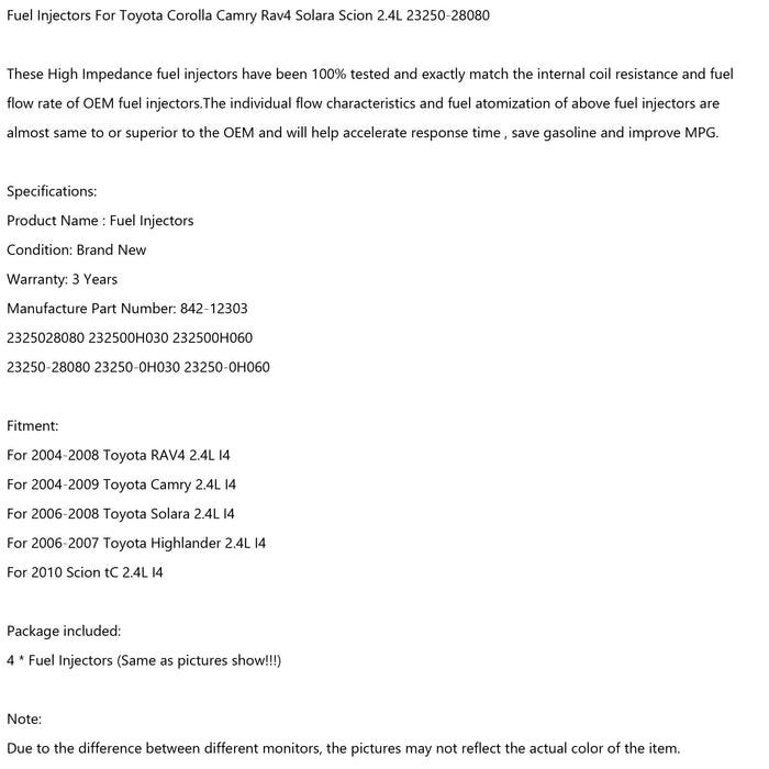 1/4PCS Fuel Injectors 23250-28080 For Toyota Rav4 Camry Solara Highlander Scion tC 2.4L I4 - ONESOOP