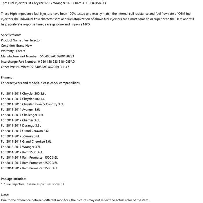 6PCS Fuel Injectors 0280158233 For Chrysler 12-17 Wrangler 14-17 Ram 3.6L - ONESOOP