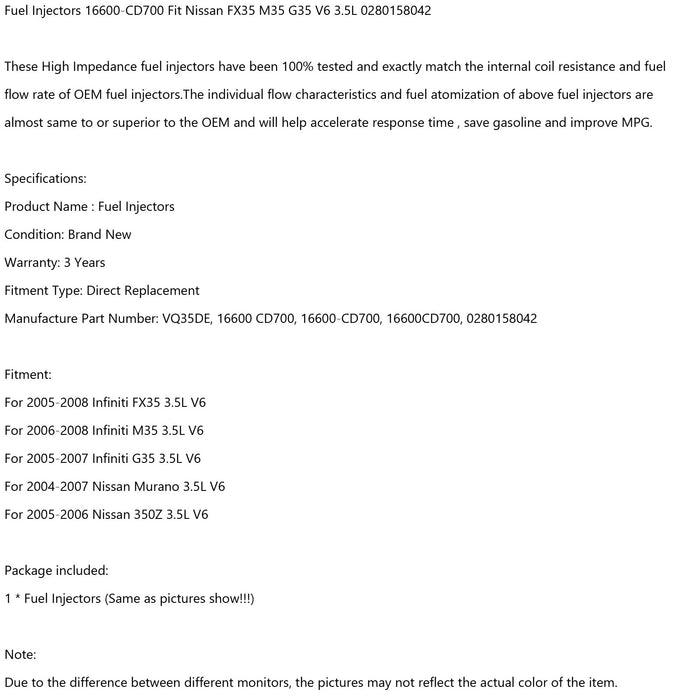 1/6PCS Fuel Injectors 0280158042 For Infiniti FX35 M35 G35 Nissan Murano 350Z V6 3.5L 16600-CD700 - ONESOOP