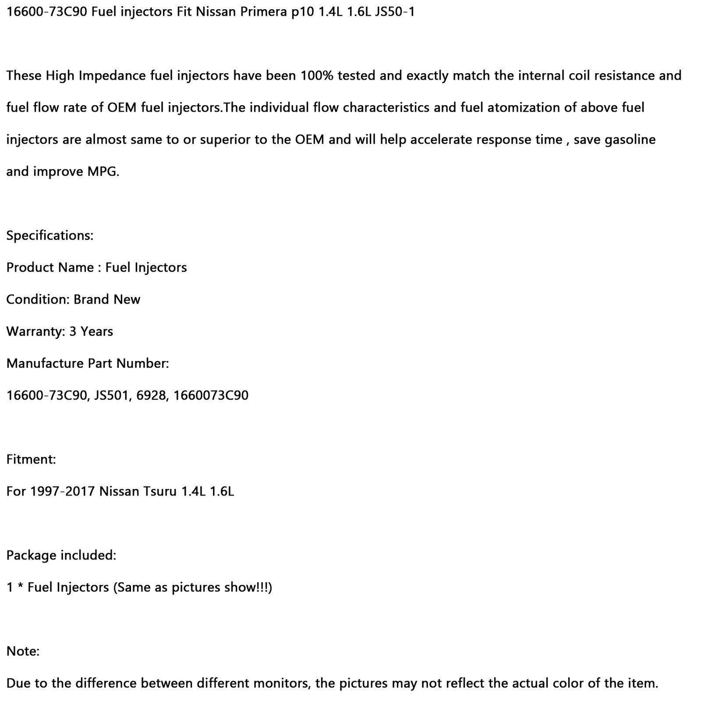 1997-2017 Nissan Tsuru 1.4L 1.6L Fuel injectors 16600-73C90 JS501 - ONESOOP
