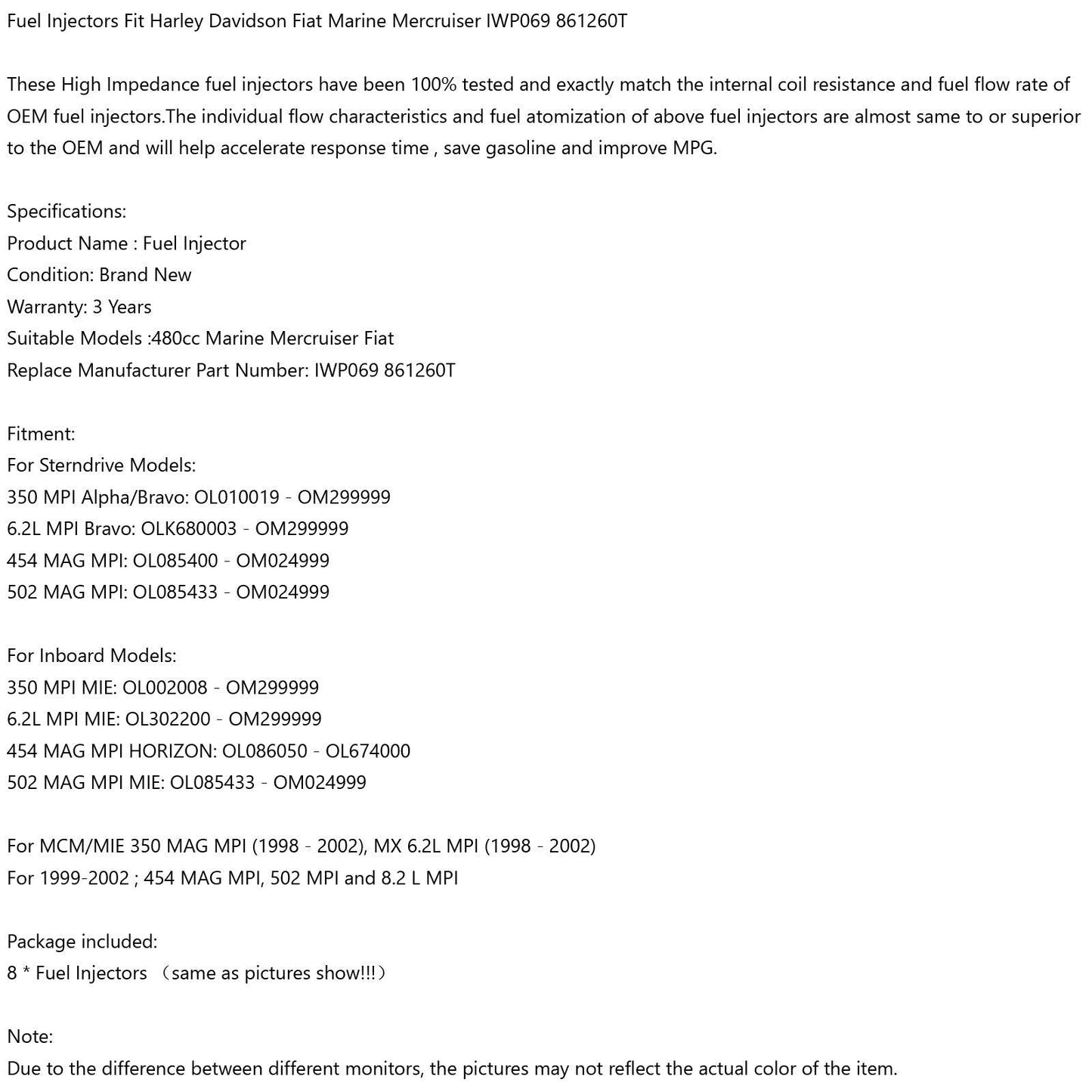 1/8PCS Fuel Injectors IWP069 861260T For Harley Davidson Fiat Marine Mercruiser - ONESOOP