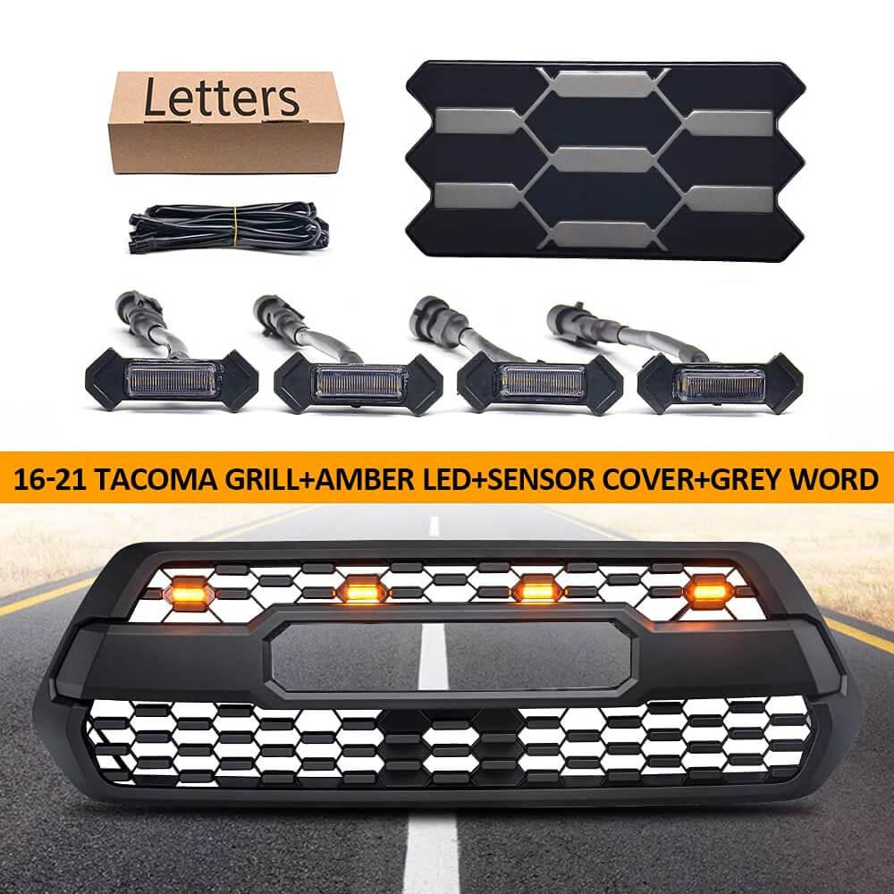 2016-2023 Toyota Tacoma TRD PRO Car Grilles ABS Front Bumper Hood Racing Grill with Sensor Cover Amber Lights Gray Letters Generic - ONESOOP