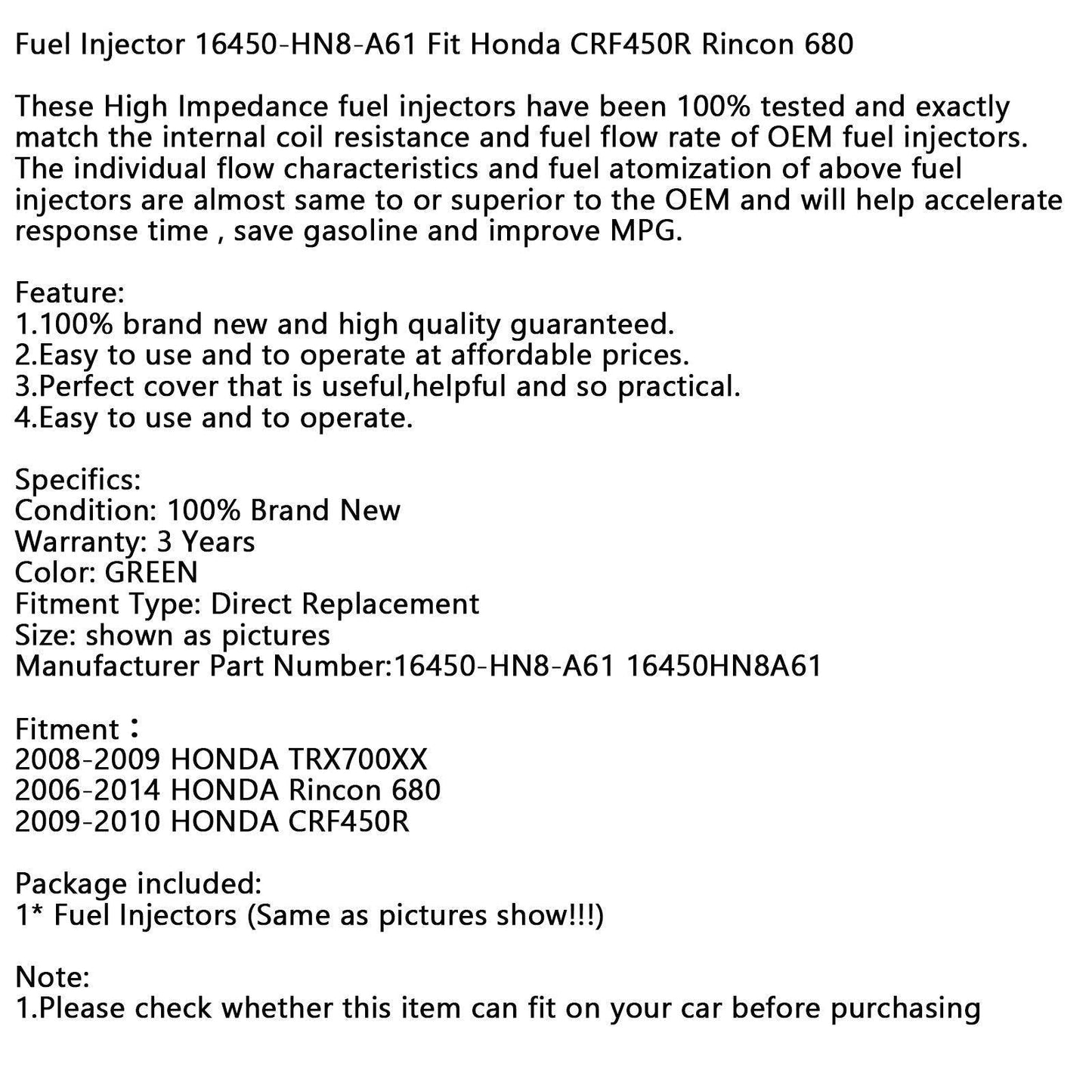 1PC Fuel Injector For Honda TRX700XX 2008-2009 Rincon 680 2006-2014 CRF450R 2009-2010 16450-HN8-A61 16450HN8A61 - ONESOOP