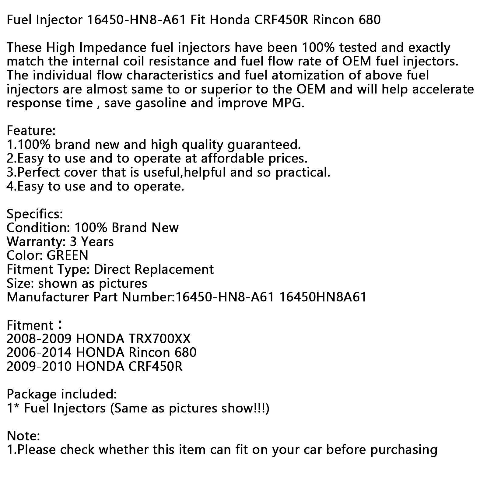 1PC Fuel Injector For Honda TRX700XX 2008-2009 Rincon 680 2006-2014 CRF450R 2009-2010 16450-HN8-A61 16450HN8A61 - ONESOOP