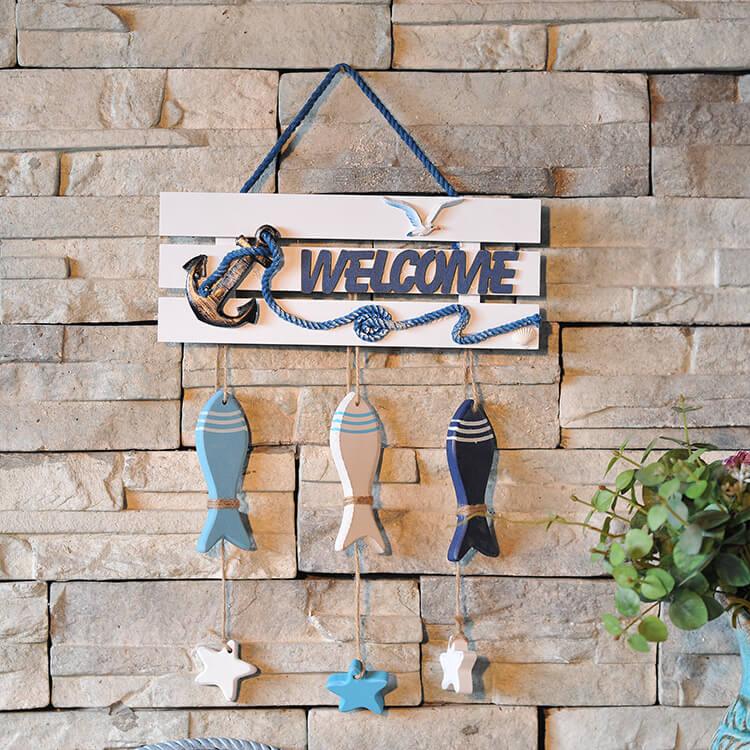 Mediterranean WELCOME Plate Marine Ornament Helmsman Sea Anchor Welcome Listing Bar Wooden Welcome Plate - ONESOOP